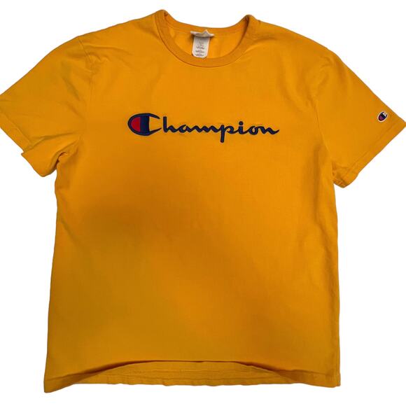 Vintage Champion Yellow 90s Spell Out Script Shirt Embroidered Logo - Picture 1 of 7